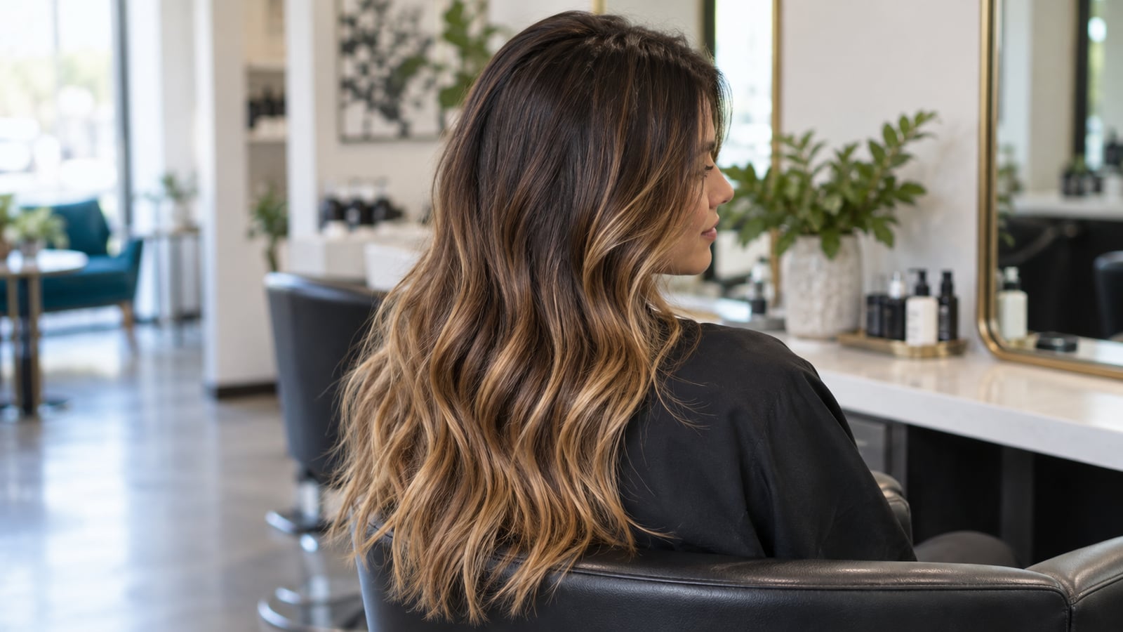 Long brunette balayage with a deep natural root blending softly into restrained caramel lengths