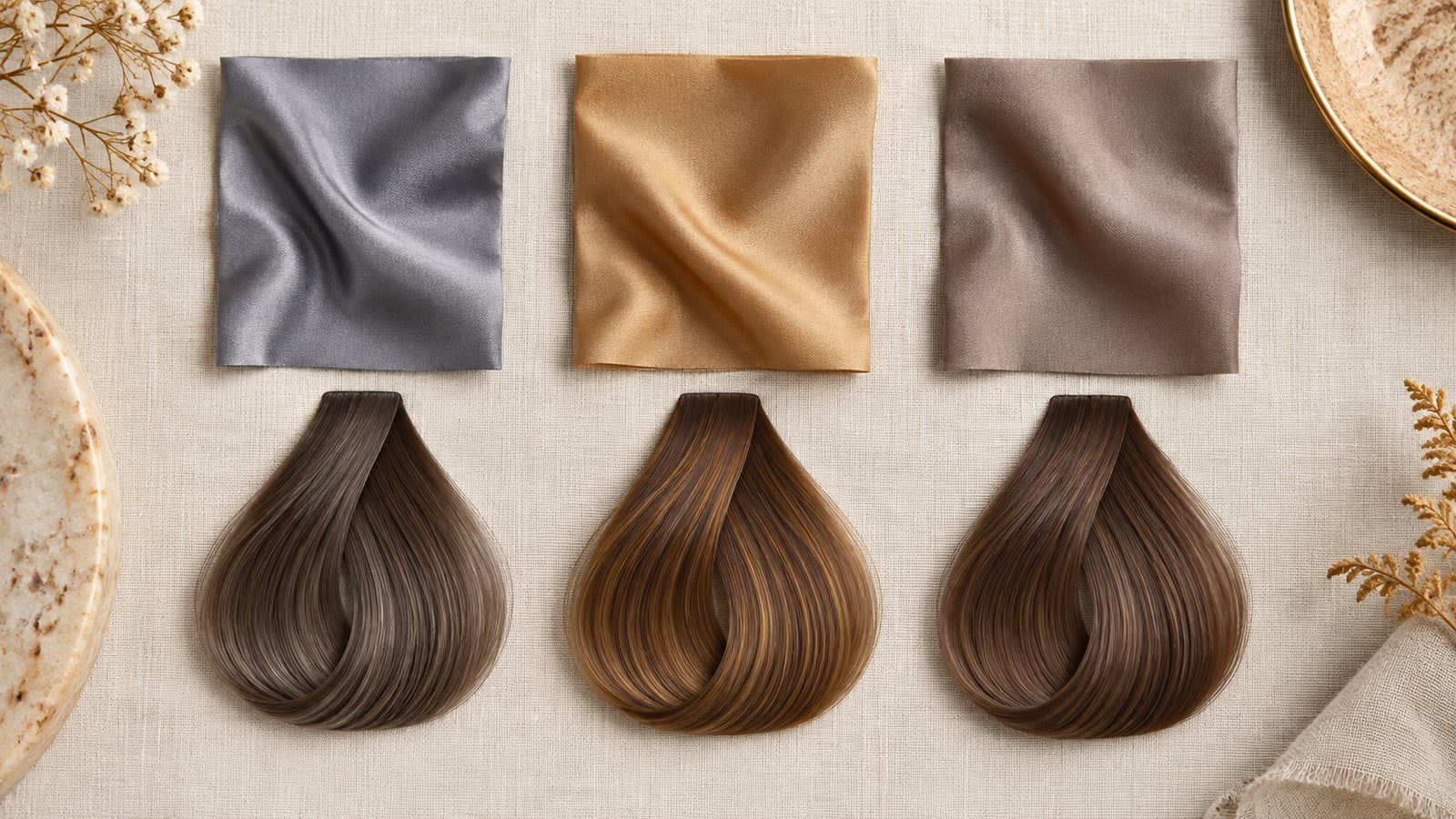 Cool gray, warm camel, and neutral taupe silk swatches paired with cool, warm, and neutral brown hair swatches