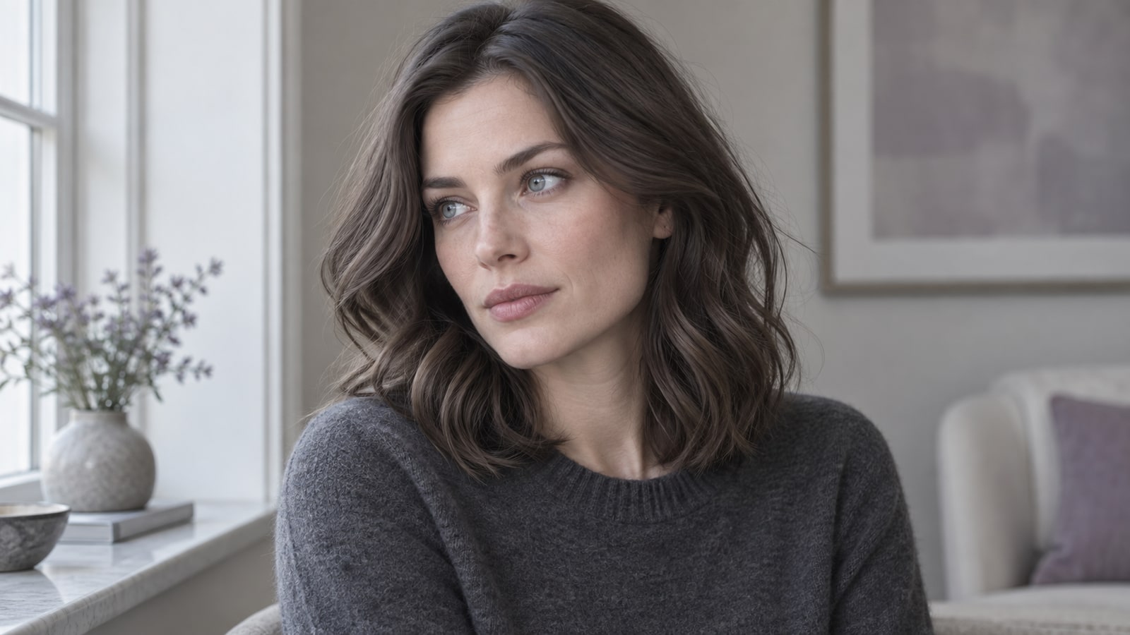 Woman with glossy level-5 cool ash-brunette waves in neutral north-window light