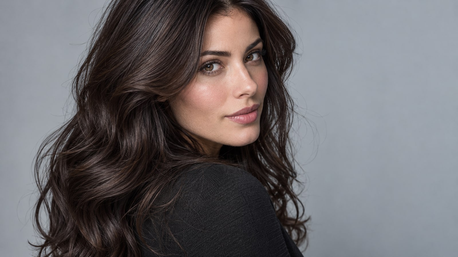 Woman with glossy deep espresso brunette waves against a cool gray studio background