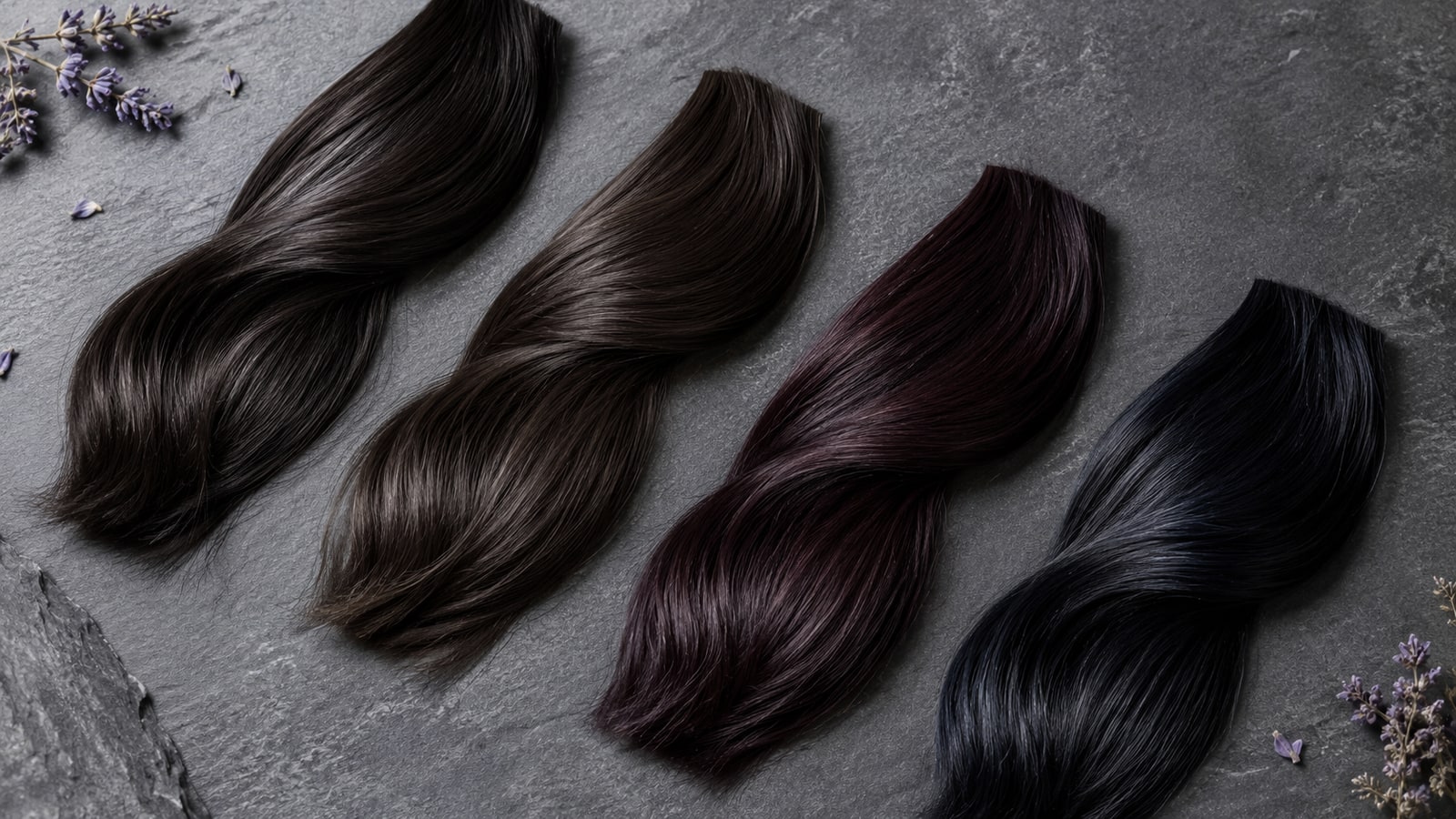 Four glossy dark hair swatches on slate: cool espresso, dark chocolate, black cherry, and inky charcoal