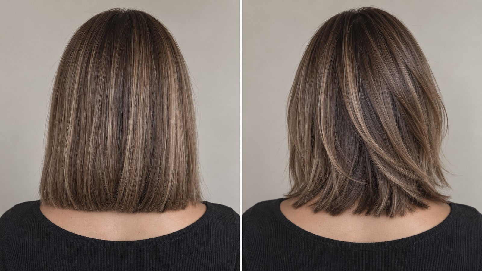 Back-view comparison of a smooth one-length cut and a layered cut, with more interior highlights visible between the layers