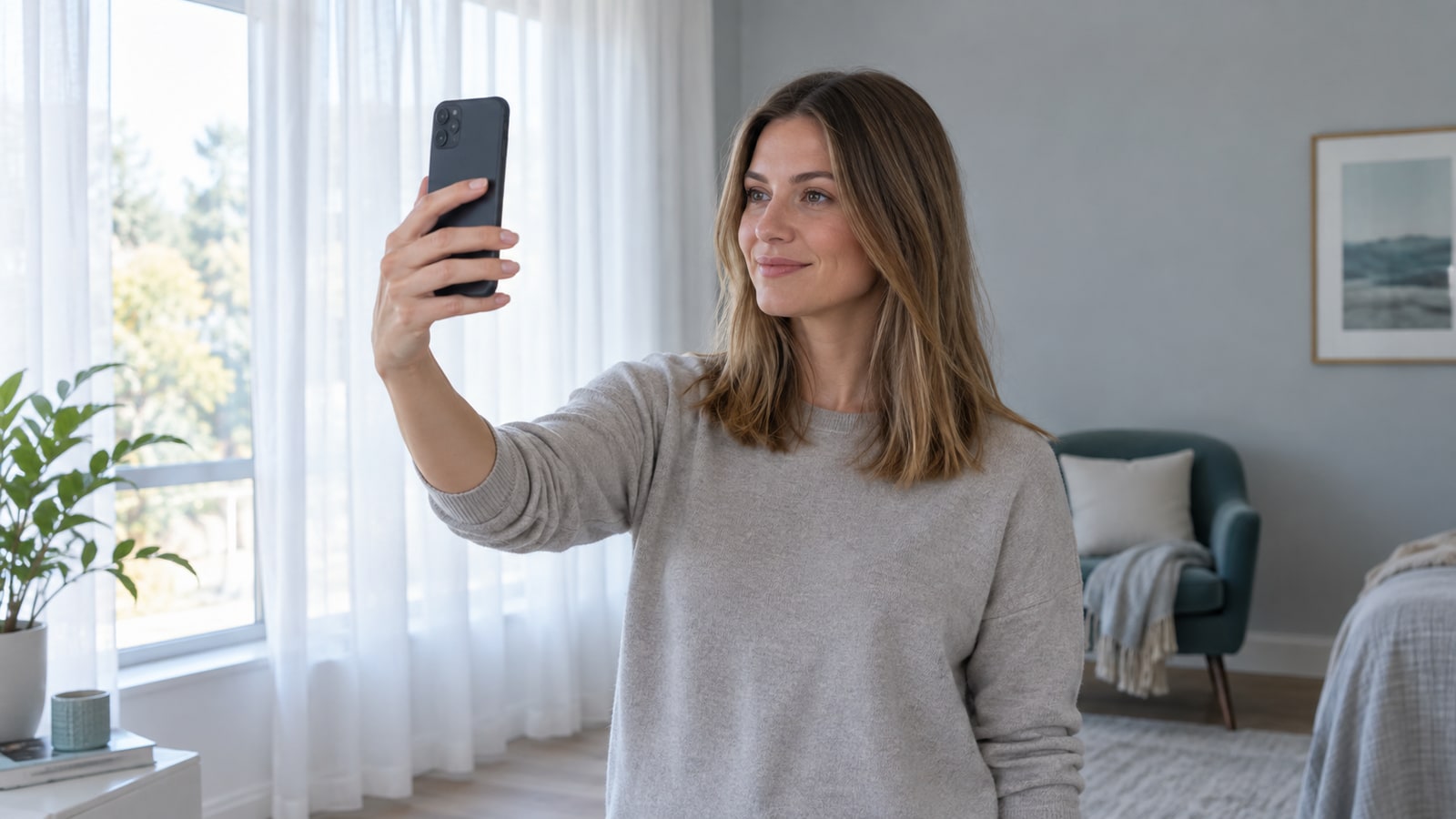 Woman holding a smartphone at eye level while standing in soft window light with her hair down against a cool gray wall