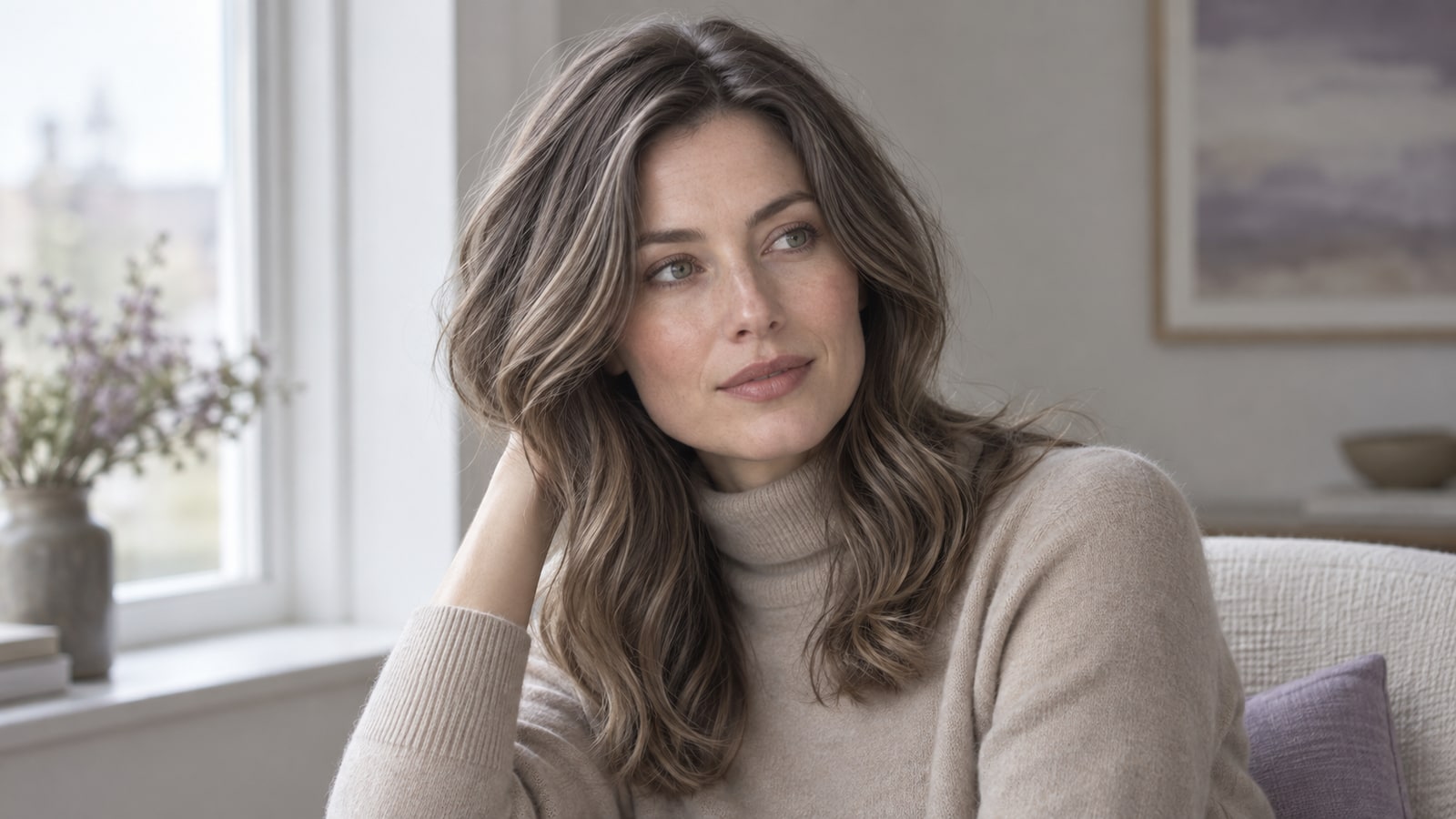 Woman with muted mushroom-brown waves and fine smoky-taupe highlights seated in soft neutral window light