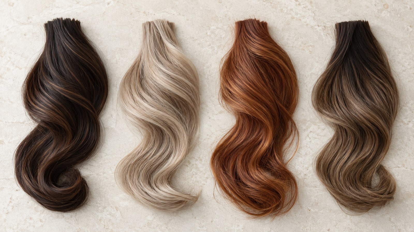Four separate hair swatches on pale stone: espresso brunette, smoky pearl blonde, terracotta copper, and brunette with a darker shadow root