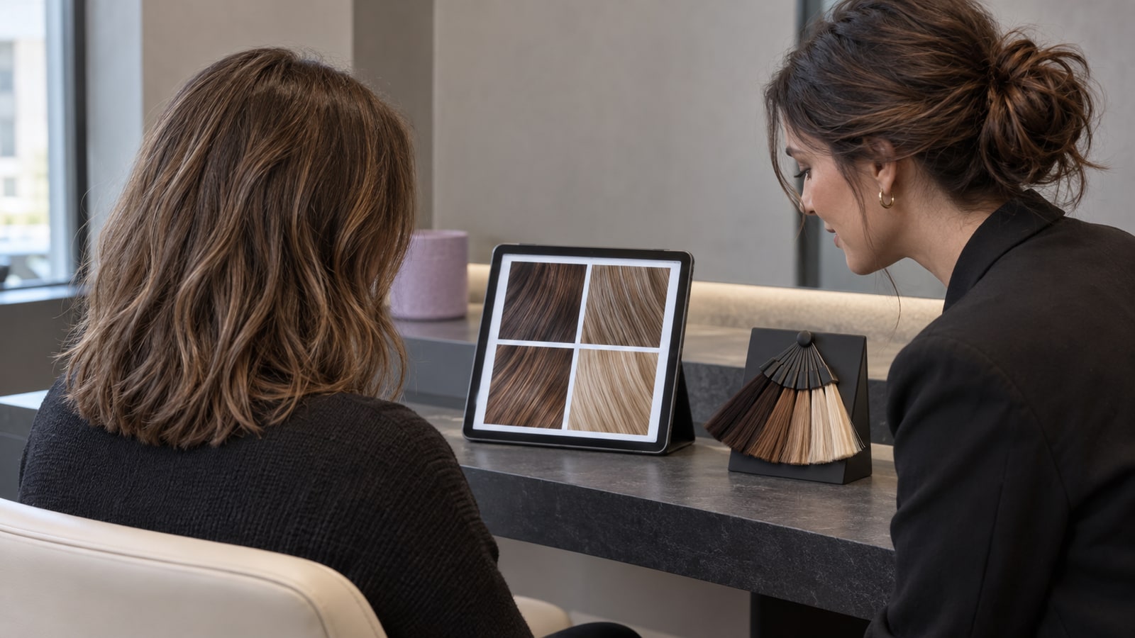 Client and professional colorist comparing natural hair-color references on a tablet with physical swatches in a bright salon