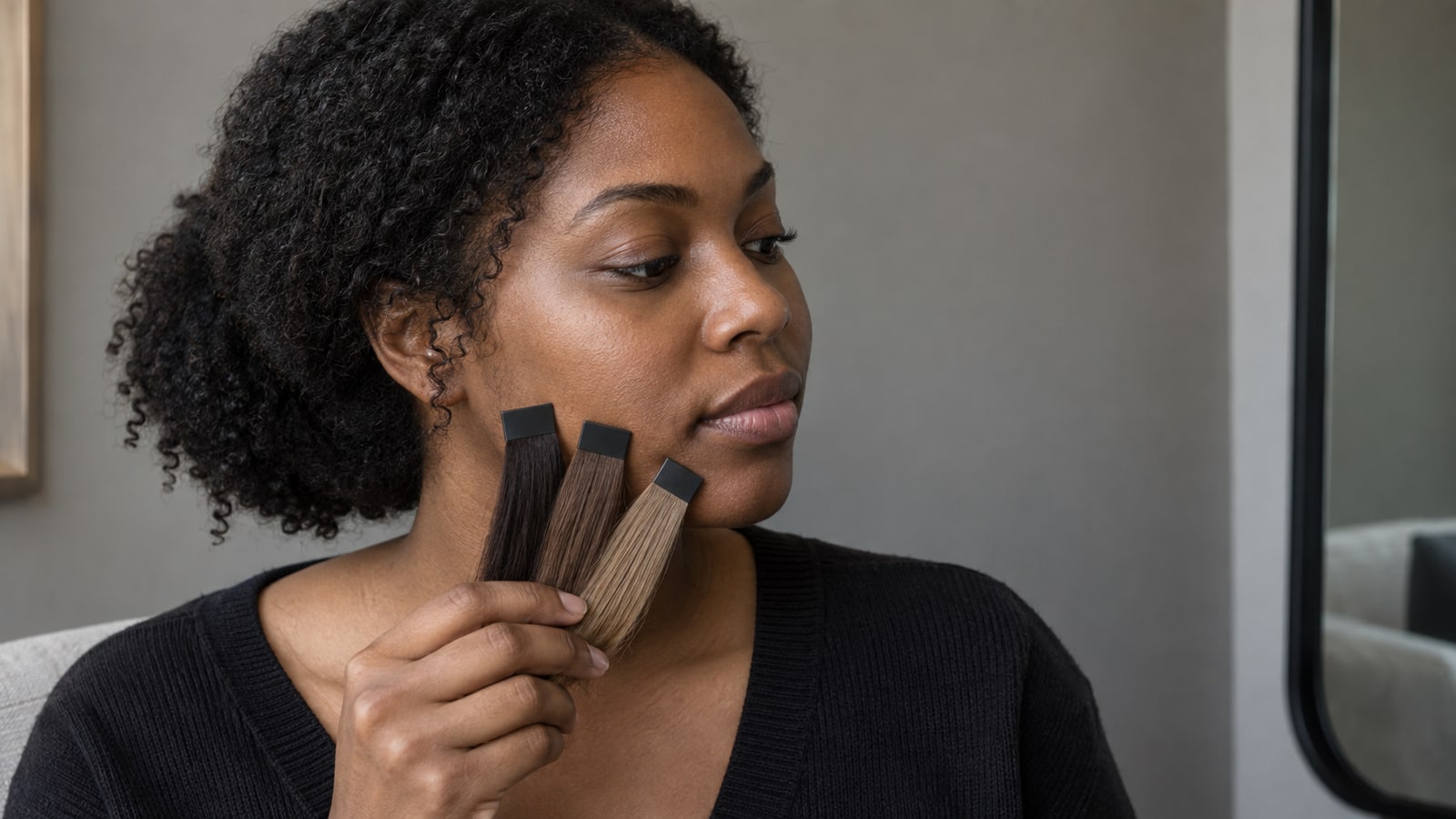 Woman comparing deep espresso, chestnut, and dark blonde hair swatches beside her cheek in neutral salon daylight