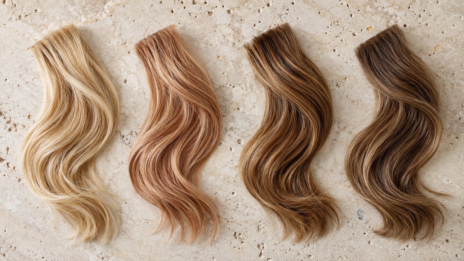 Four hair swatches on stone showing golden honey blonde, strawberry blonde, amber caramel, and light golden chestnut